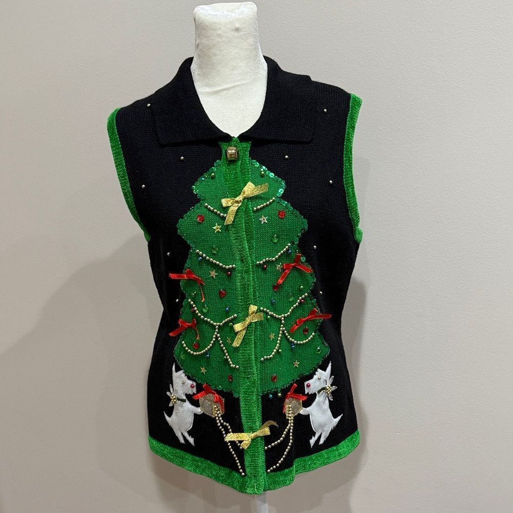 Lisa International Black and Green Festive Vest Size Medium